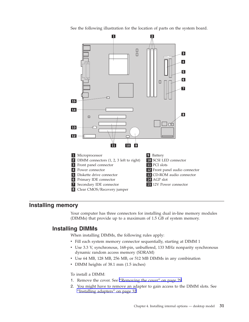 Installing memory, Installing dimms | IBM Partner Pavilion 6350 User Manual | Page 43 / 86