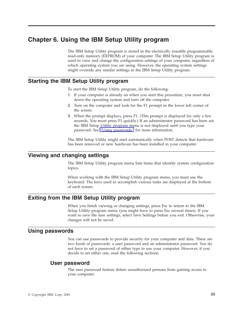 Chapter 6. using the ibm setup utility program, Starting the ibm setup utility program, Viewing and changing settings | Exiting from the ibm setup utility program, Using passwords, User password | IBM Partner Pavilion 6350 User Manual | Page 67 / 86