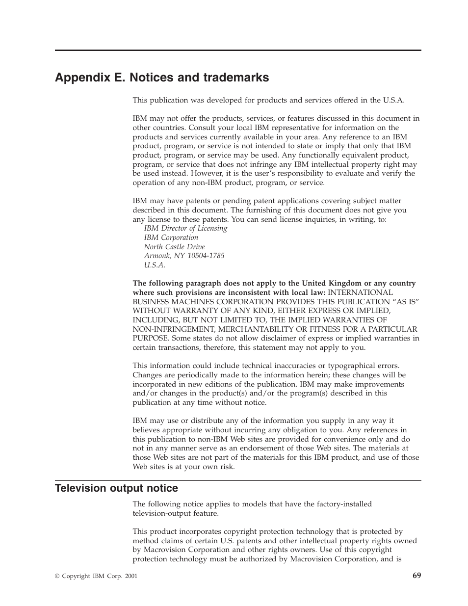 Appendix e. notices and trademarks, Television output notice | IBM Partner Pavilion 6350 User Manual | Page 81 / 86