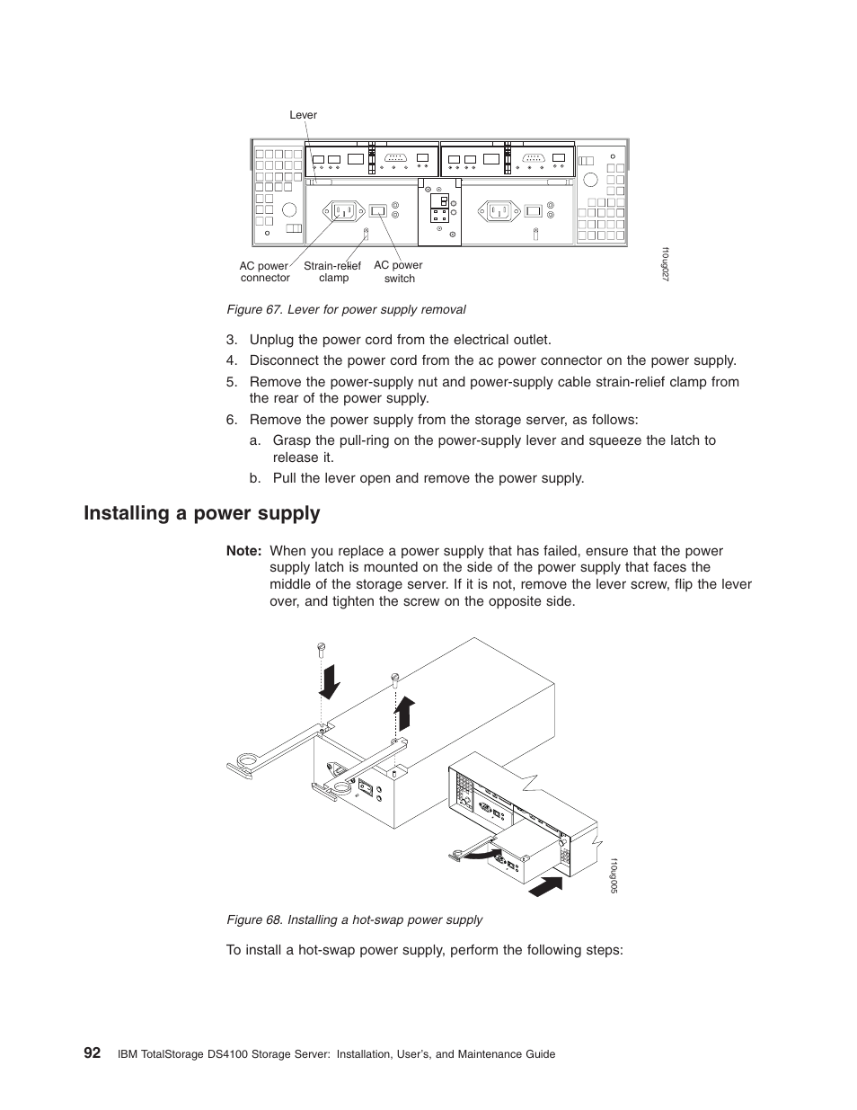 Installing a power supply, Installing, Power | Supply, Lever, Removal, Hot-swap, Figure | IBM Partner Pavilion DS4100 User Manual | Page 124 / 180