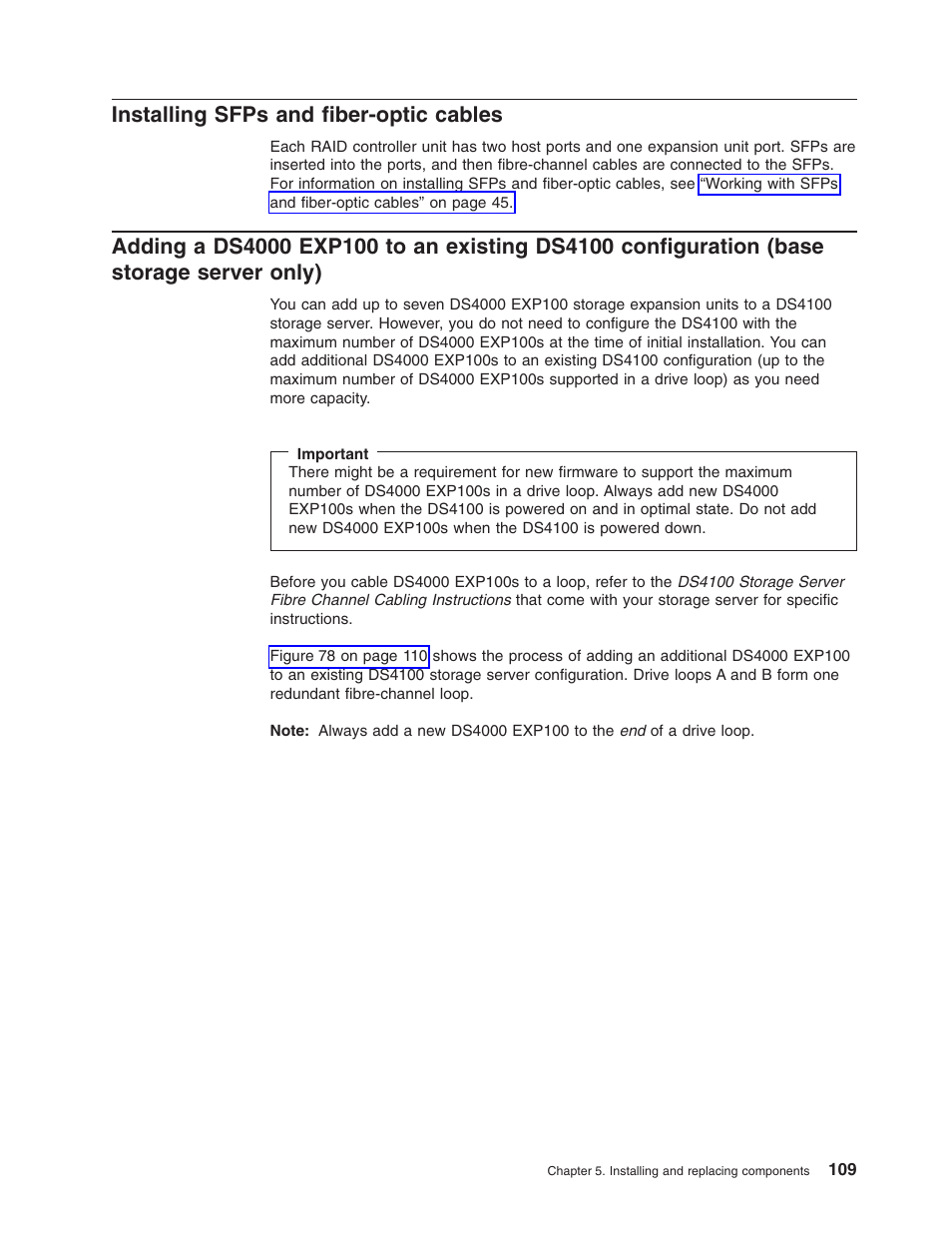 Installing sfps and fiber-optic cables, Installing, Sfps | Fiber-optic, Cables, Adding, Ds4000, Exp100, Existing, Ds4100 | IBM Partner Pavilion DS4100 User Manual | Page 141 / 180