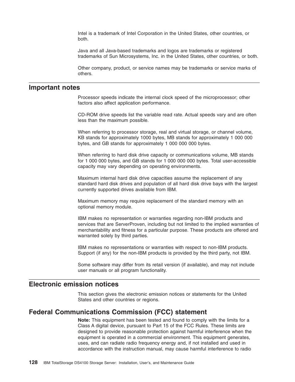 Important notes, Electronic emission notices, Federal communications commission (fcc) statement | Important, Notes, Electronic, Emission, Notices, Federal, Communications | IBM Partner Pavilion DS4100 User Manual | Page 160 / 180