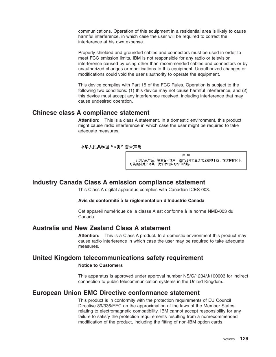 Chinese class a compliance statement, Australia and new zealand class a statement, European union emc directive conformance statement | Chinese, Class, Compliance, Statement, Industry, Canada, Emission | IBM Partner Pavilion DS4100 User Manual | Page 161 / 180