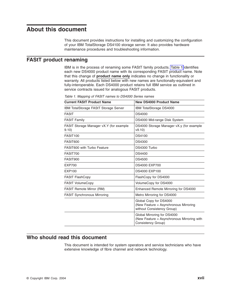 About this document, Fastt product renaming, Who should read this document | About, This, Document, Xvii, Fastt, Product, Renaming | IBM Partner Pavilion DS4100 User Manual | Page 19 / 180