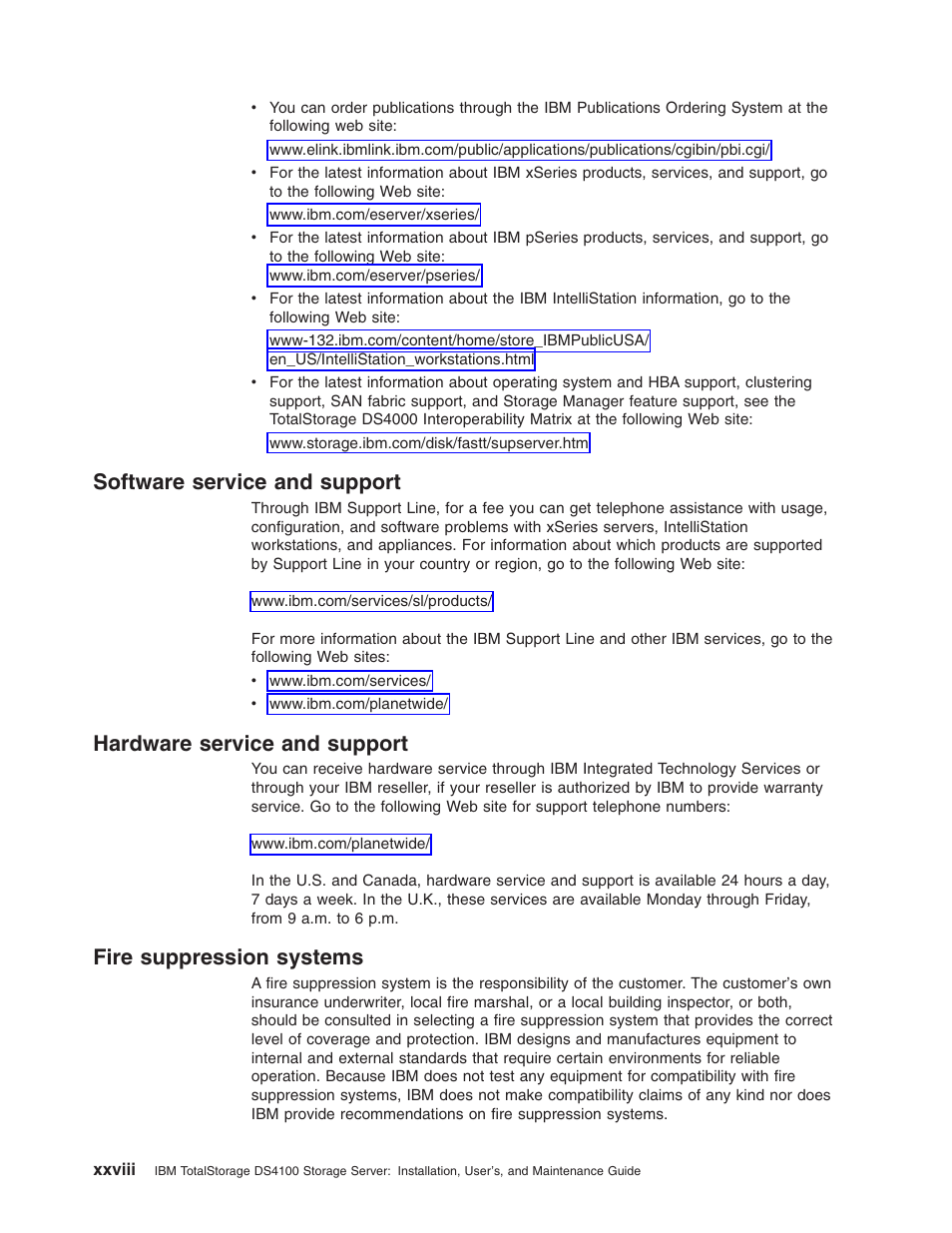Software service and support, Hardware service and support, Fire suppression systems | Software, Service, Support, Xxviii, Hardware, Fire, Suppression | IBM Partner Pavilion DS4100 User Manual | Page 30 / 180