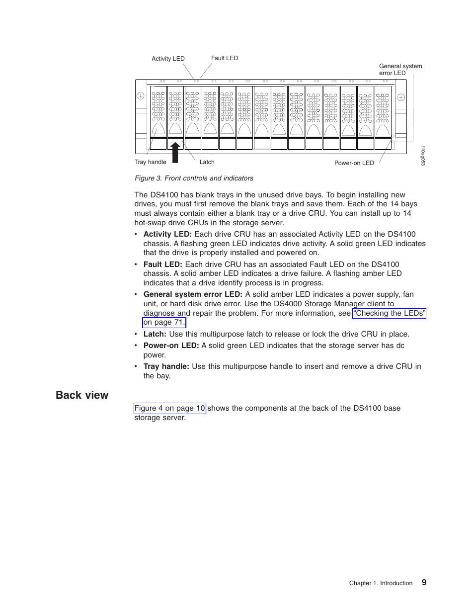 Back view, Back, View | Front, Controls, Indicators, Figure | IBM Partner Pavilion DS4100 User Manual | Page 41 / 180