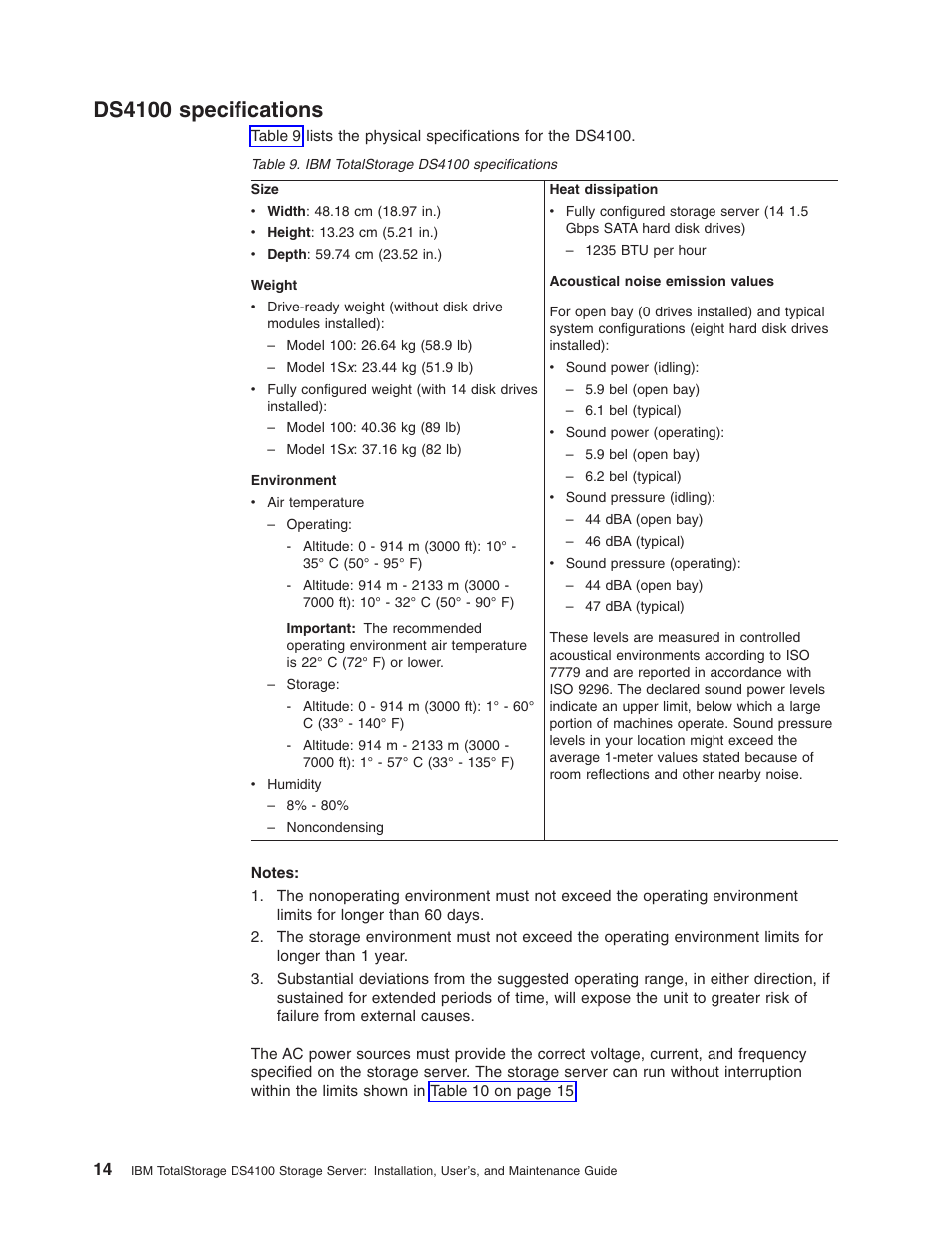 Ds4100 specifications, Ds4100, Specifications | Totalstorage, Table | IBM Partner Pavilion DS4100 User Manual | Page 46 / 180