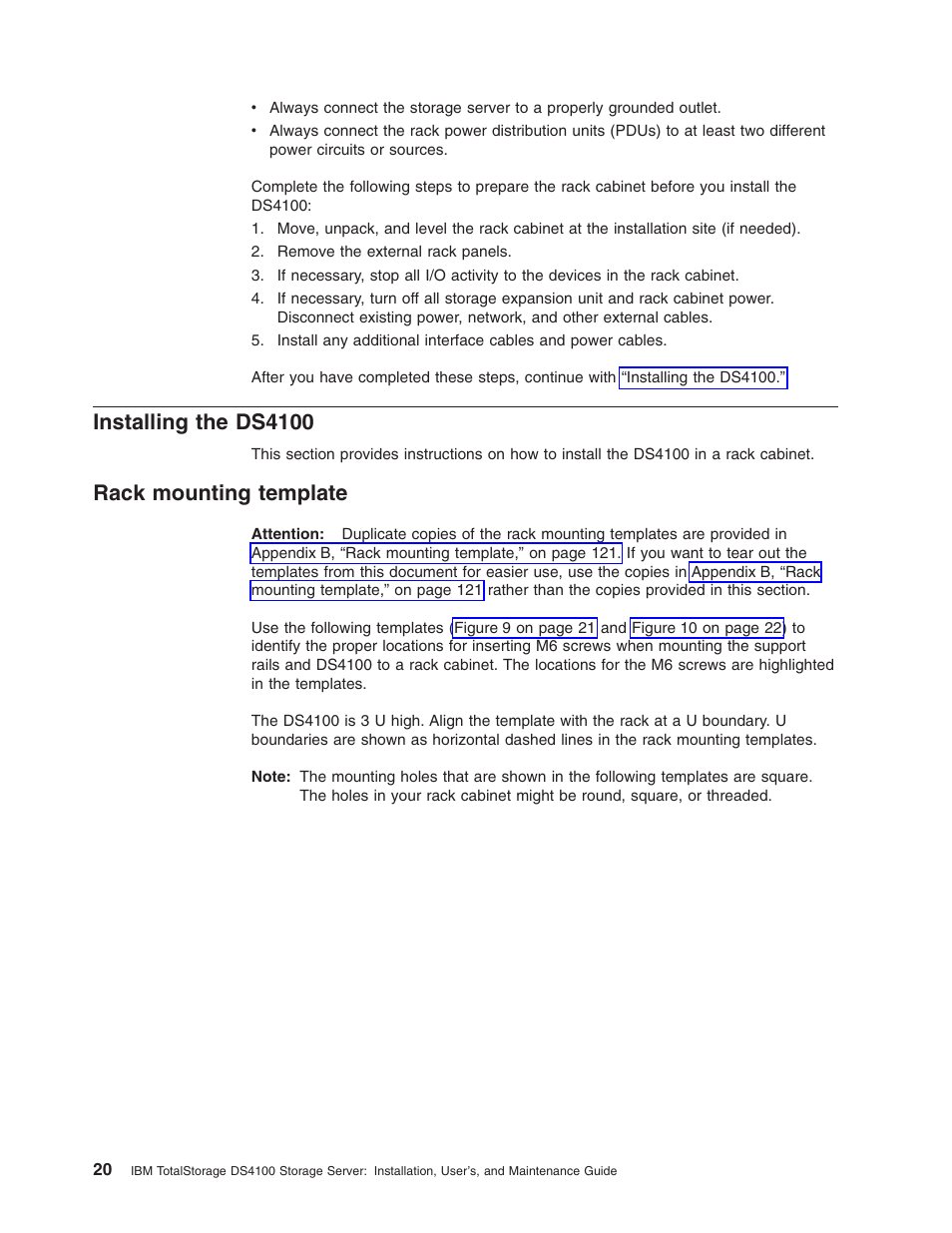 Installing the ds4100, Rack mounting template, Installing | Ds4100, Rack, Mounting, Template | IBM Partner Pavilion DS4100 User Manual | Page 52 / 180