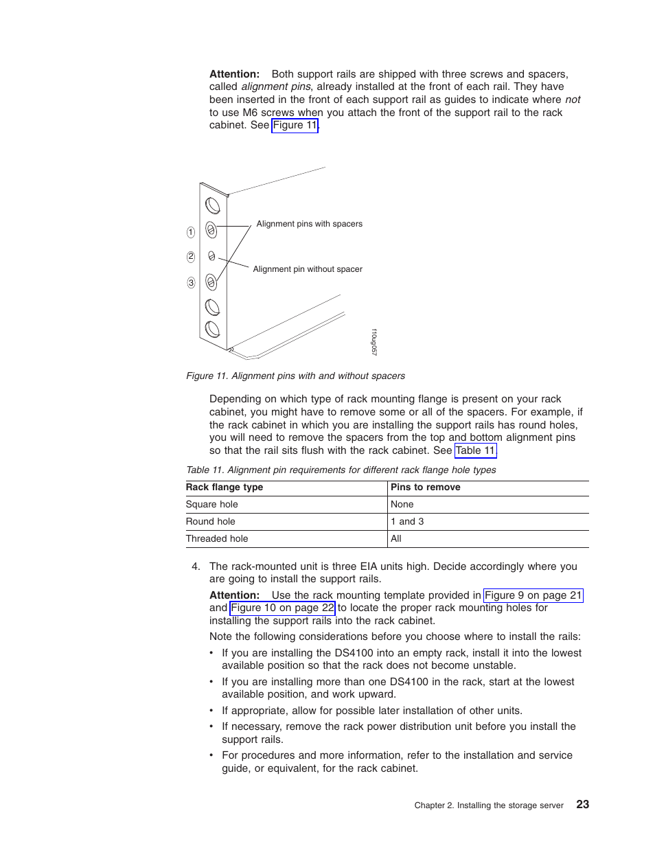 Alignment, Pins, With | Without, Spacers, Requirements, Different, Rack, Flange, Hole | IBM Partner Pavilion DS4100 User Manual | Page 55 / 180