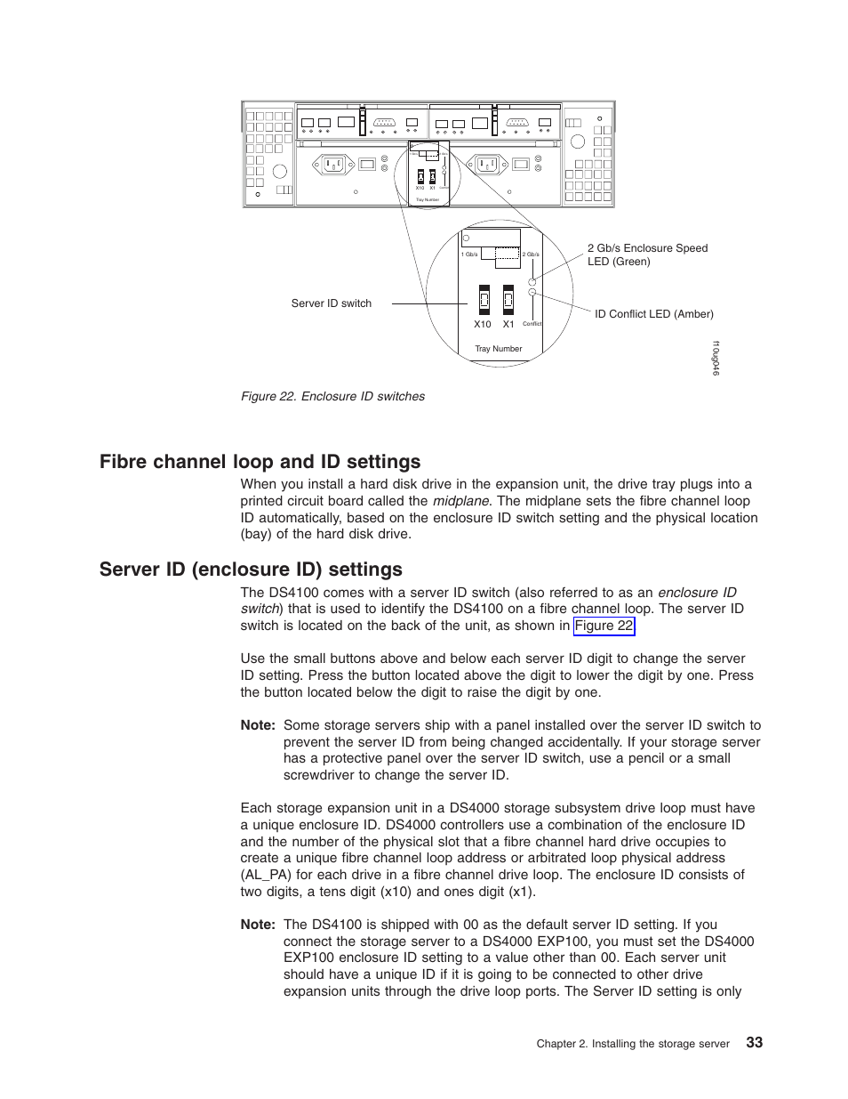 Fibre channel loop and id settings, Server id (enclosure id) settings, Fibre | Channel, Loop, Settings, Server, Enclosure, Switches | IBM Partner Pavilion DS4100 User Manual | Page 65 / 180