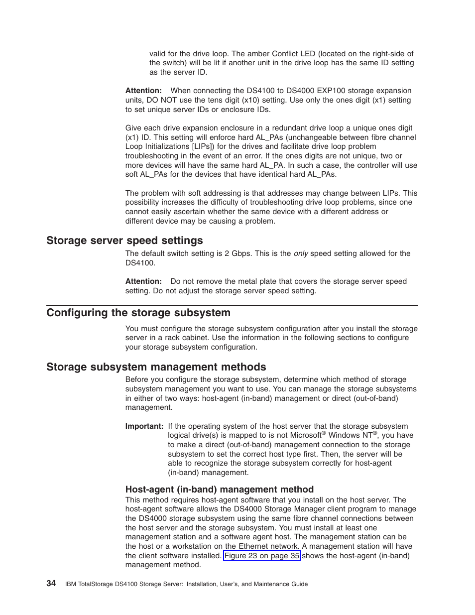 Storage server speed settings, Configuring the storage subsystem, Storage subsystem management methods | Host-agent (in-band) management method, Storage, Server, Speed, Settings, Configuring, Subsystem | IBM Partner Pavilion DS4100 User Manual | Page 66 / 180