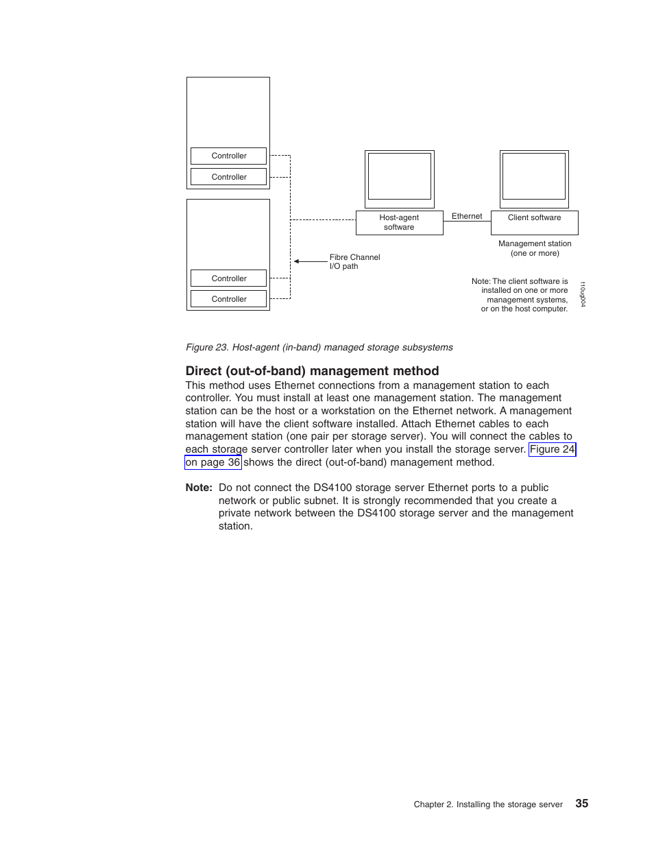 Direct (out-of-band) management method, Direct, Out-of-band) | Management, Method, Host-agent, In-band), Managed, Storage, Subsystems | IBM Partner Pavilion DS4100 User Manual | Page 67 / 180