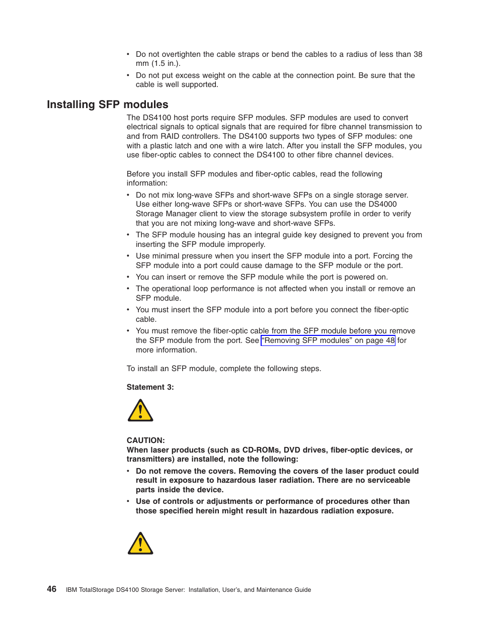 Installing sfp modules, Installing, Modules | IBM Partner Pavilion DS4100 User Manual | Page 78 / 180