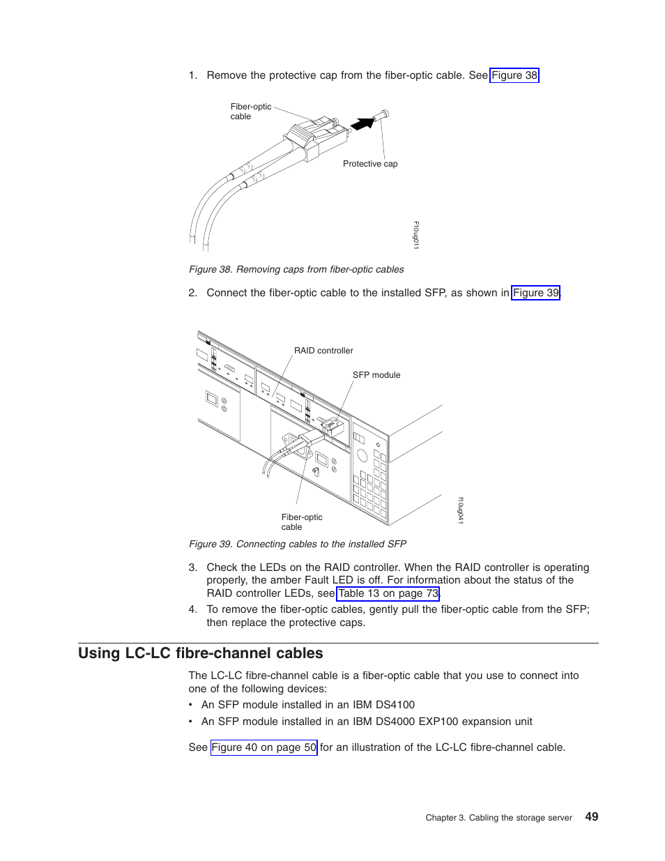 Using lc-lc fibre-channel cables, Using, Lc-lc | Fibre-channel, Cables, Removing, Caps, From, Fiber-optic, Connecting | IBM Partner Pavilion DS4100 User Manual | Page 81 / 180