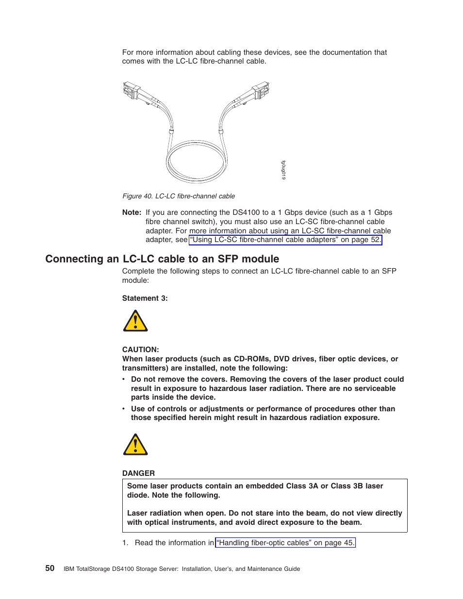 Connecting an lc-lc cable to an sfp module, Connecting, Lc-lc | Cable, Module, Fibre-channel | IBM Partner Pavilion DS4100 User Manual | Page 82 / 180