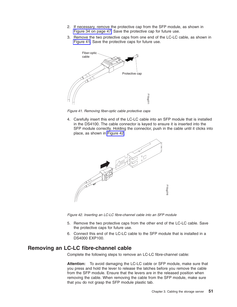 Removing an lc-lc fibre-channel cable, Removing, Lc-lc | Fibre-channel, Cable, Fiber-optic, Protective, Caps, Inserting, Into | IBM Partner Pavilion DS4100 User Manual | Page 83 / 180