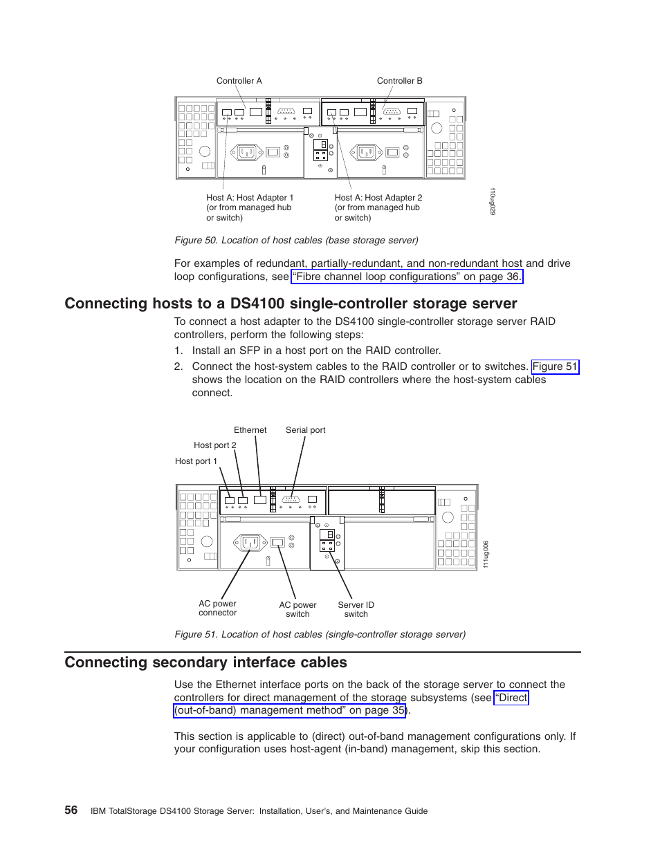 Connecting secondary interface cables, Connecting, Hosts | Ds4100, Single-controller, Storage, Server, Secondary, Interface, Cables | IBM Partner Pavilion DS4100 User Manual | Page 88 / 180