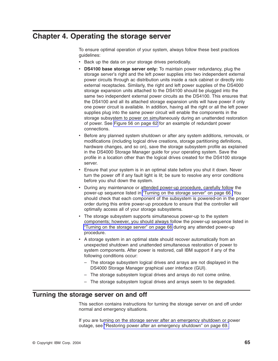 Chapter 4. operating the storage server, Turning the storage server on and off, Chapter | Operating, Storage, Server, Turning | IBM Partner Pavilion DS4100 User Manual | Page 97 / 180
