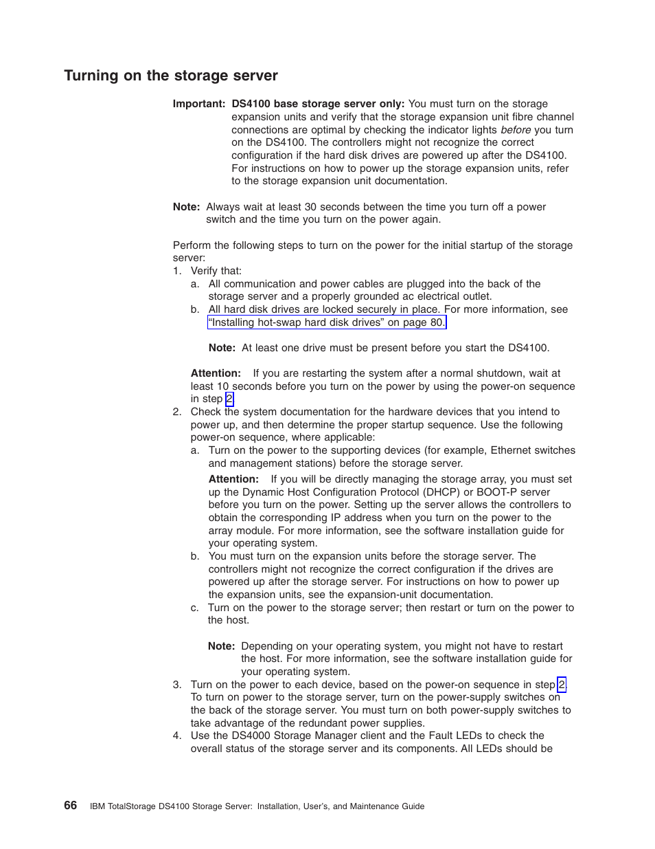 Turning on the storage server, Turning, Storage | Server | IBM Partner Pavilion DS4100 User Manual | Page 98 / 180