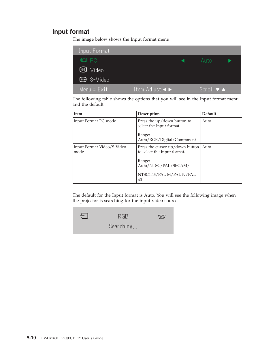 Input format, Input, Format | IBM Partner Pavilion PROJECTOR M400 User Manual | Page 42 / 84