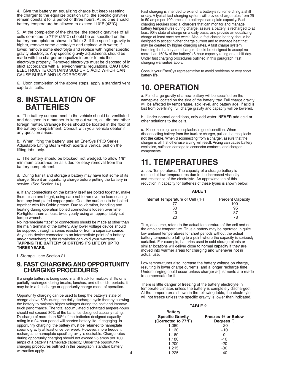 Installation of batteries, Operation, Temperatures | Fast charging and opportunity charging procedures | Ironclad Automobile Parts User Manual | Page 4 / 11