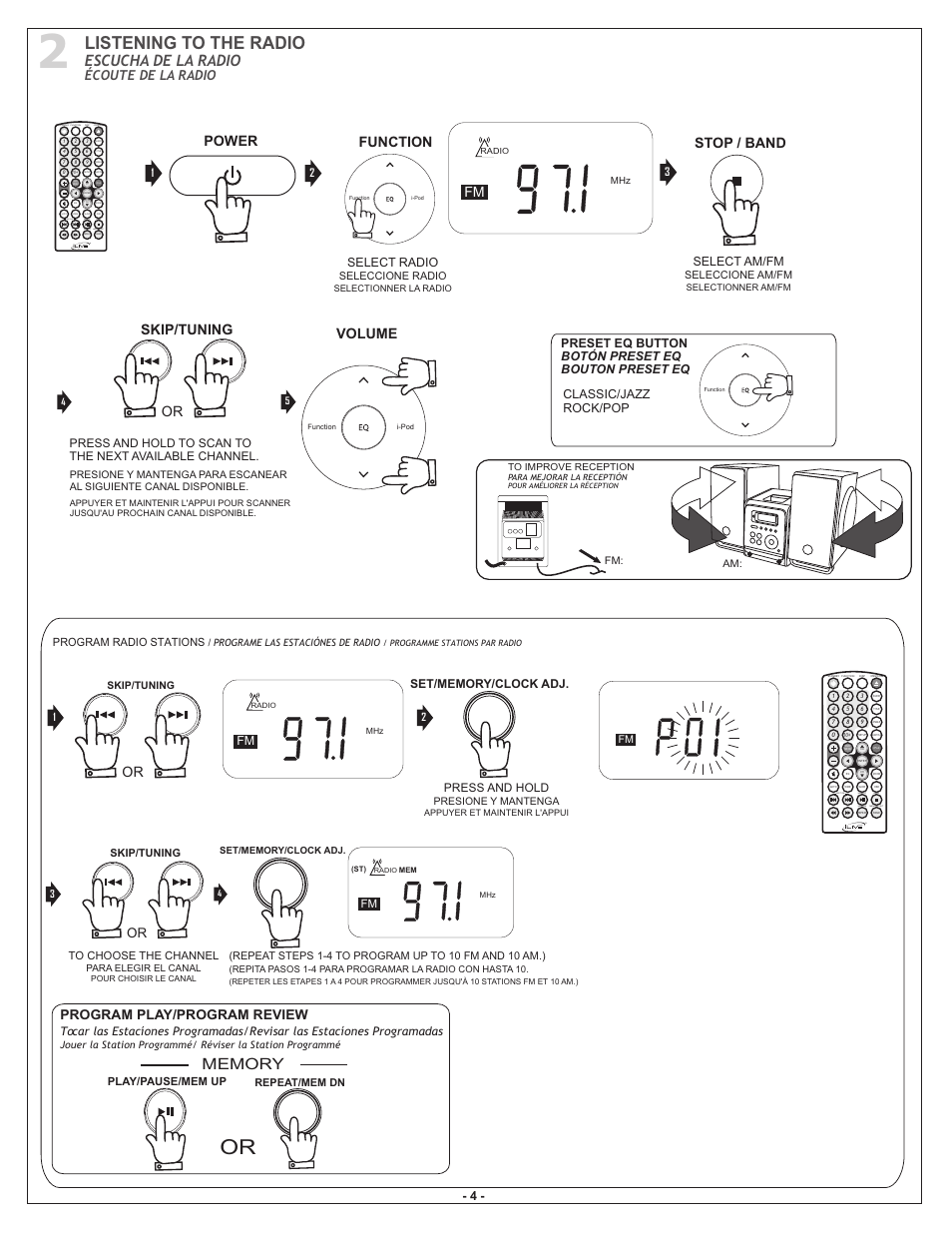 Listening to the radio, Escucha de la radio, Volume | Skip/tuning, Function power, Mem-up band mem/clk set mem-dn vol, Skip/tune, Stop / band, Écoute de la radio, Program play/program review | iLive iHMD8816DT-E1 User Manual | Page 5 / 11