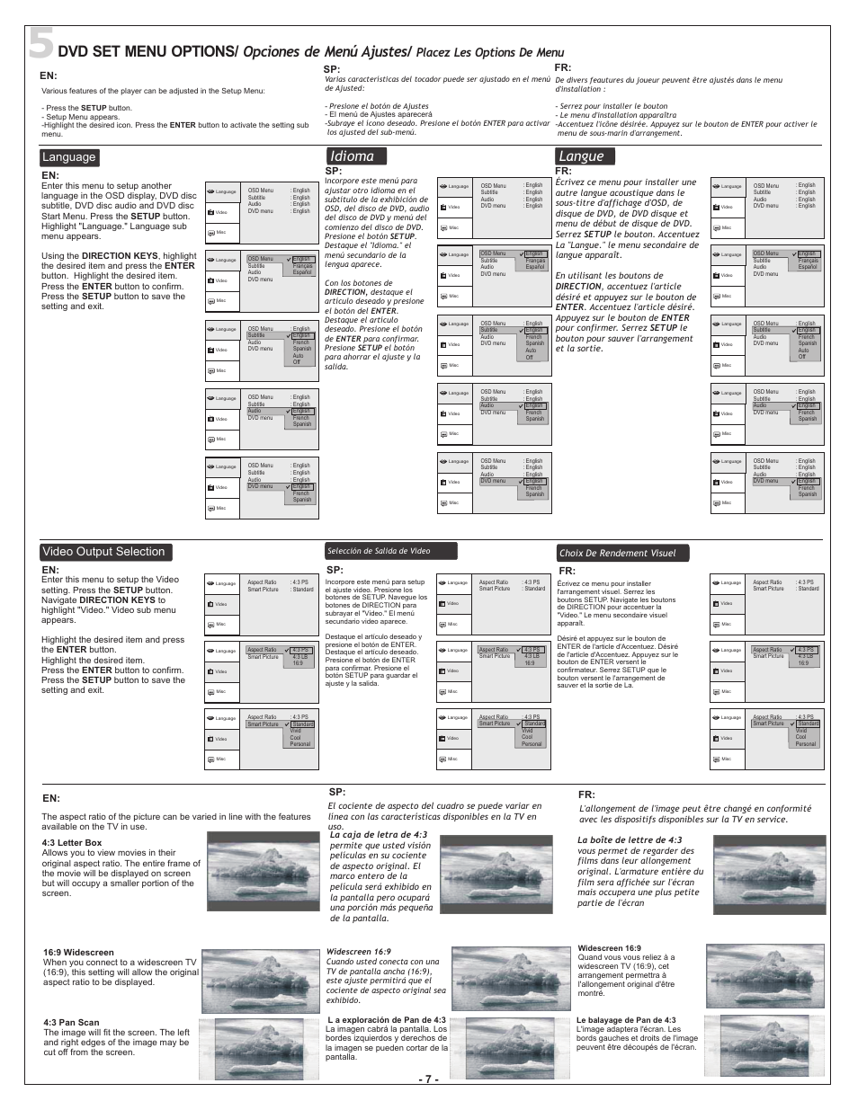 Dvd set menu options, Opciones de menú ajustes, Idioma langue | Placez les options de menu, Language, Video output selection, Sp: fr, Fr: en | iLive iHMD8816DT-E1 User Manual | Page 8 / 11