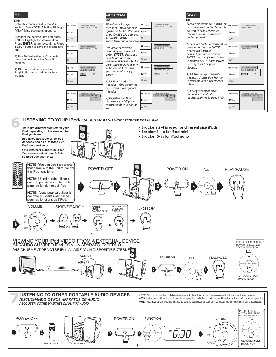 Viewing your ipod video from a external device, Listening to your ipod, Skip/search | Listening to other portable audio devices, Power off play/pause, Mirando su video ipod con un aparato externo, Misc misceláneo divers, Escuchando su ipod, Power on, Ipod | iLive iHMD8816DT-E1 User Manual | Page 9 / 11