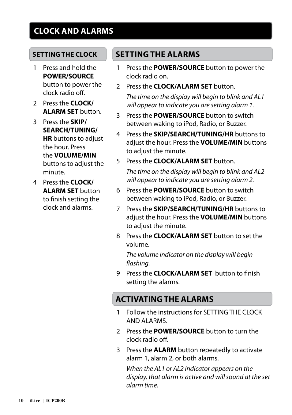Clock and alarms, Setting the alarms activating the alarms | iLive ICP200B User Manual | Page 10 / 12