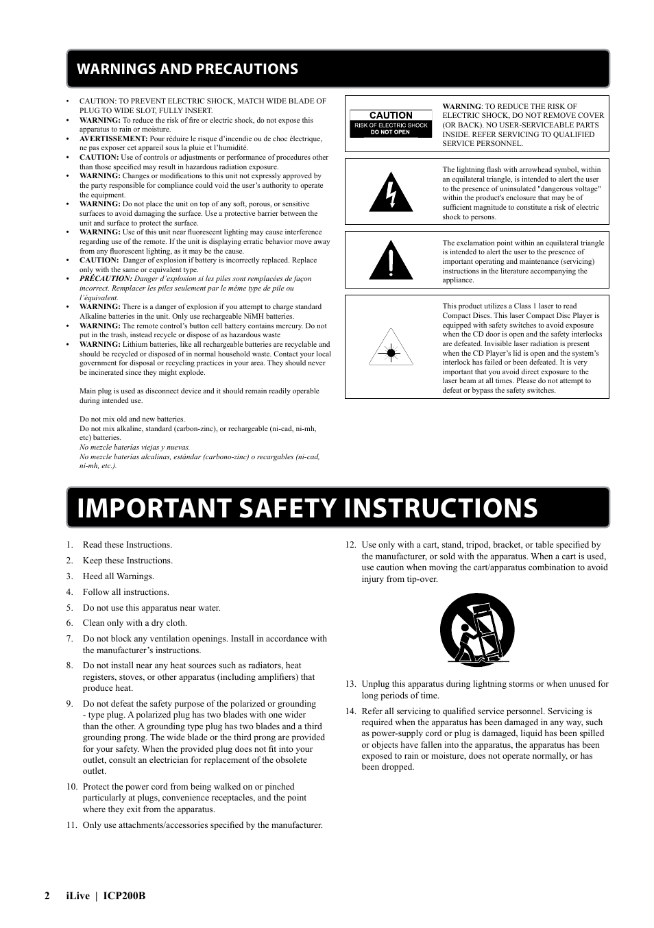 Important safety instructions, Warnings and precautions | iLive ICP200B User Manual | Page 2 / 12