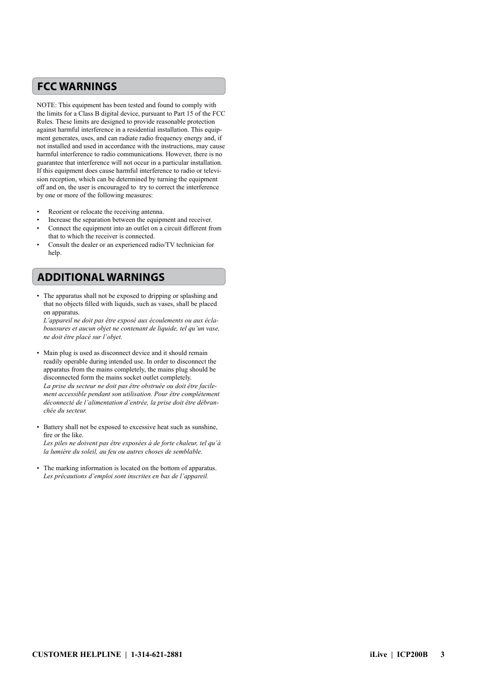 Fcc warnings additional warnings | iLive ICP200B User Manual | Page 3 / 12