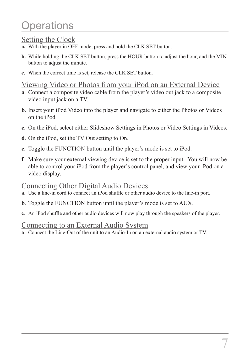 Operations, Setting the clock, Connecting other digital audio devices | Connecting to an external audio system | iLive IBR3807 User Manual | Page 7 / 8