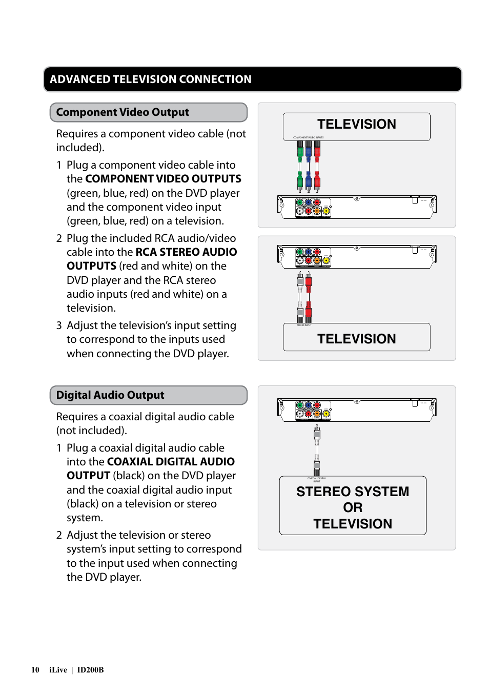 Television, Stereo system or television | iLive ID200B User Manual | Page 10 / 16