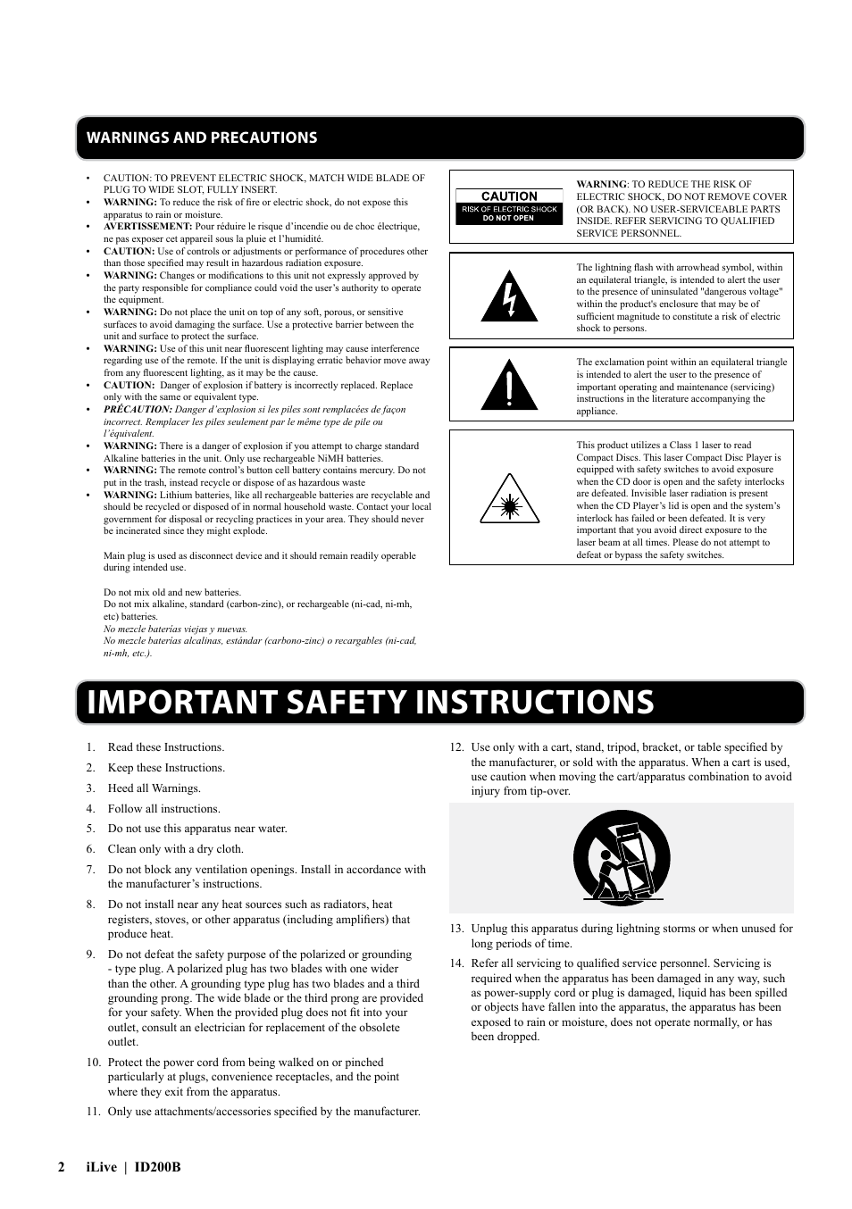 Important safety instructions, Warnings and precautions | iLive ID200B User Manual | Page 2 / 16