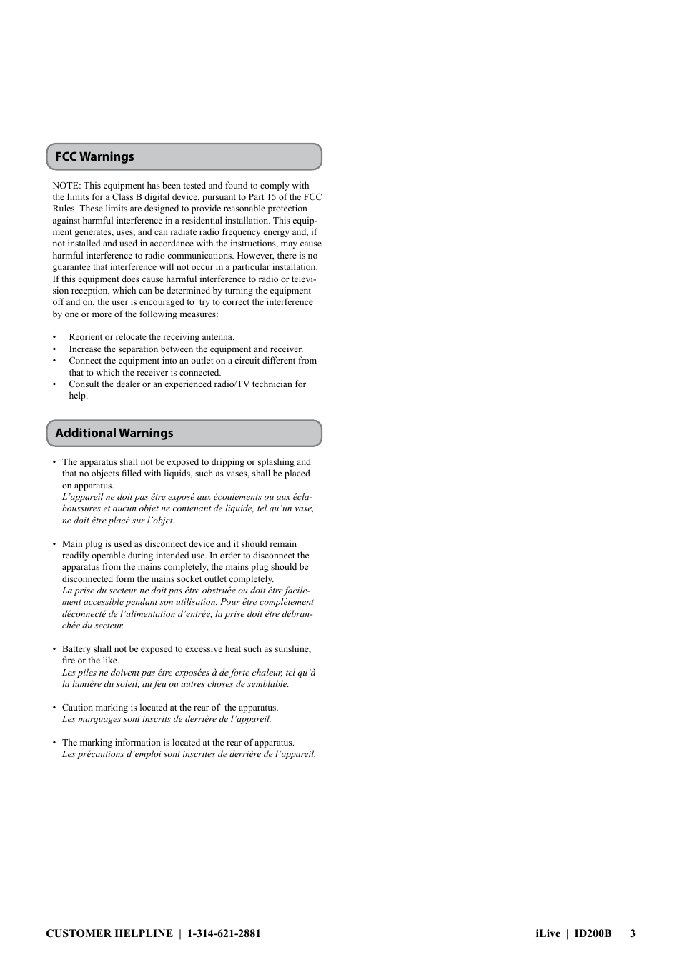 Fcc warnings additional warnings | iLive ID200B User Manual | Page 3 / 16