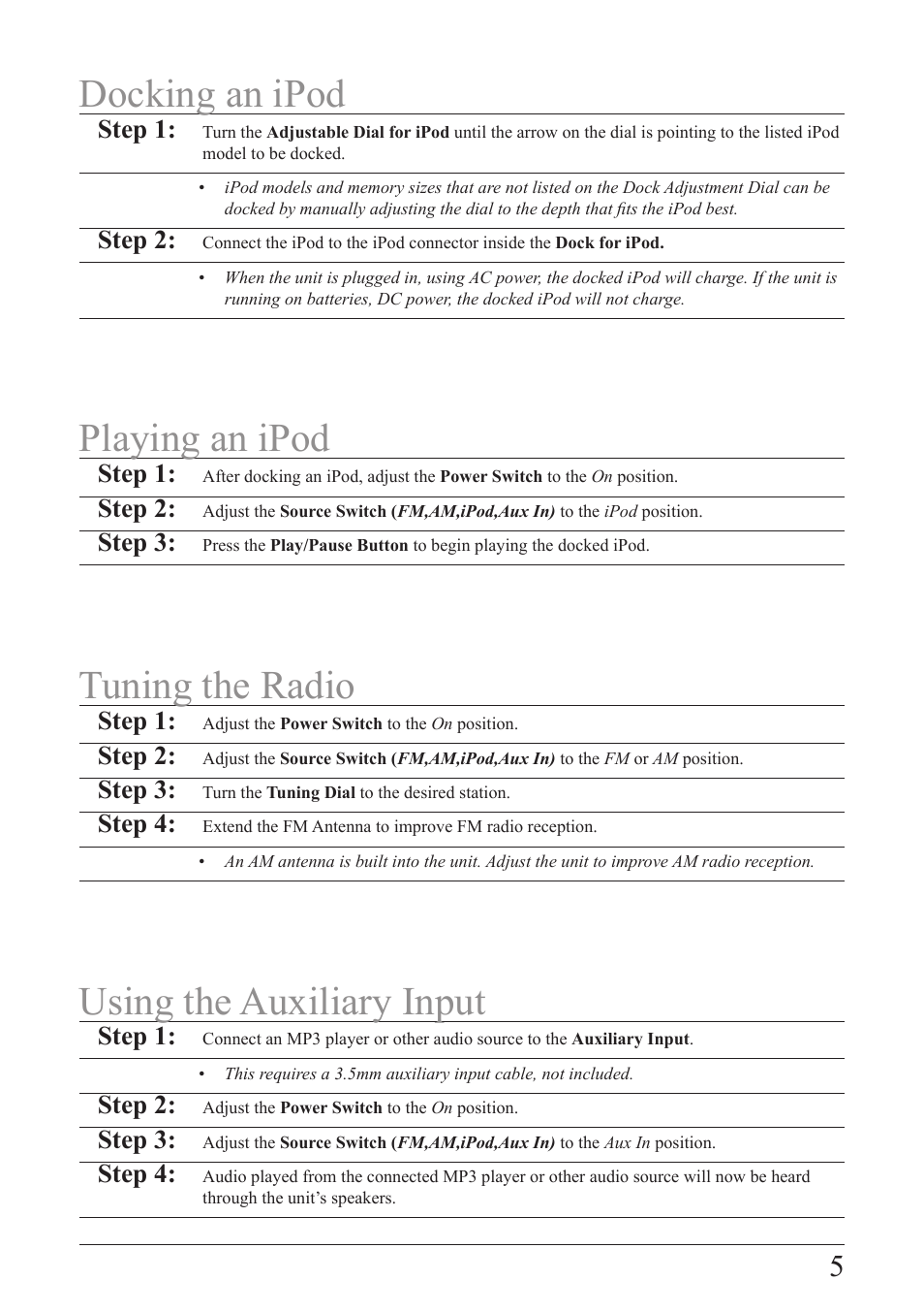 Docking an ipod & playing an ipod, Tuning the radio & using the auxiliary input, Docking an ipod | Playing an ipod, Tuning the radio, Using the auxiliary input | iLive IB109P User Manual | Page 5 / 8