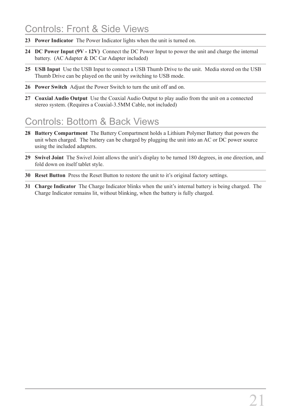 Controls: front & side views, Controls: bottom & back views | iLive IP908B User Manual | Page 21 / 24