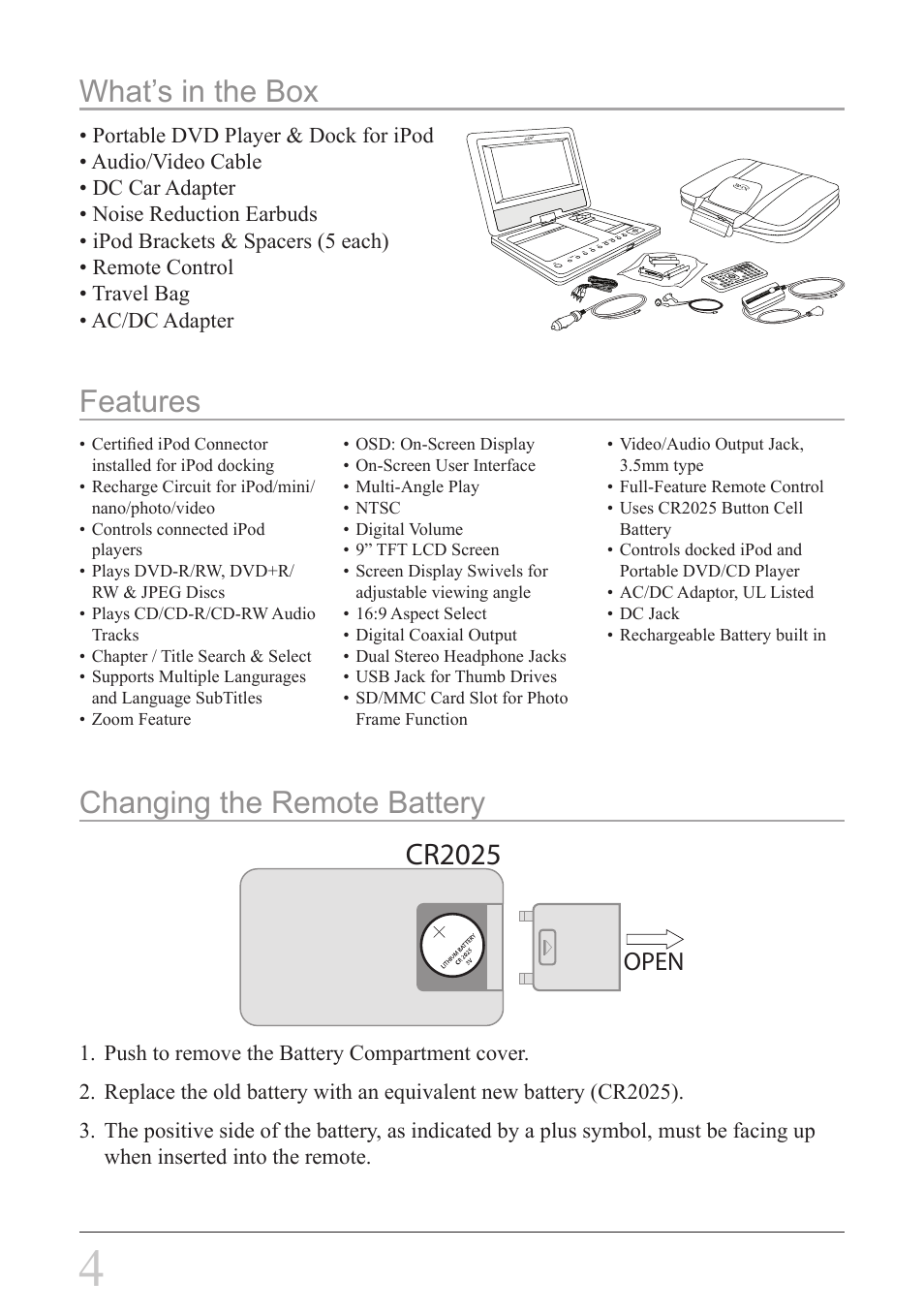 What’s in the box, Features, Changing the remote battery cr2025 | Open | iLive IP908B User Manual | Page 4 / 24