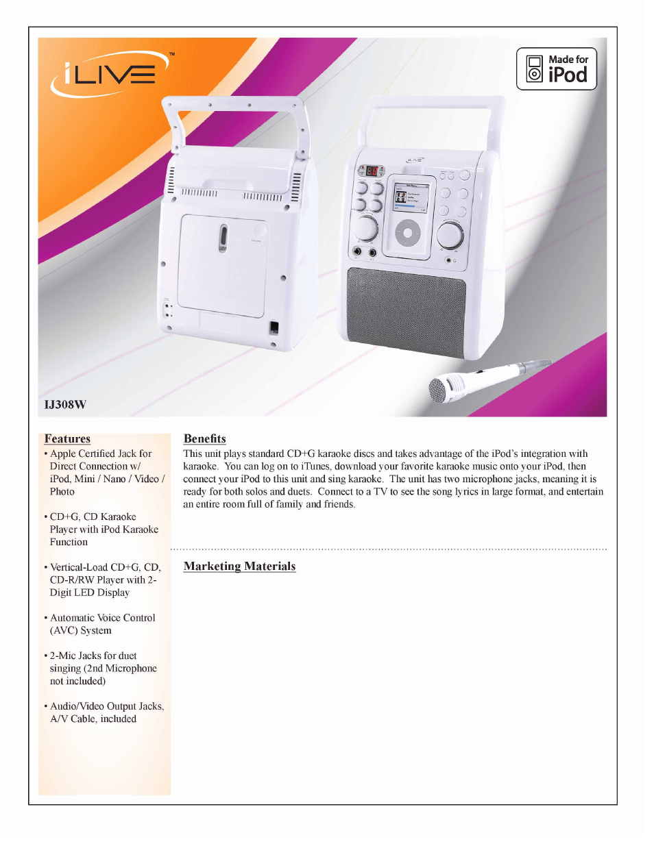 iLive IJ308W User Manual | 2 pages