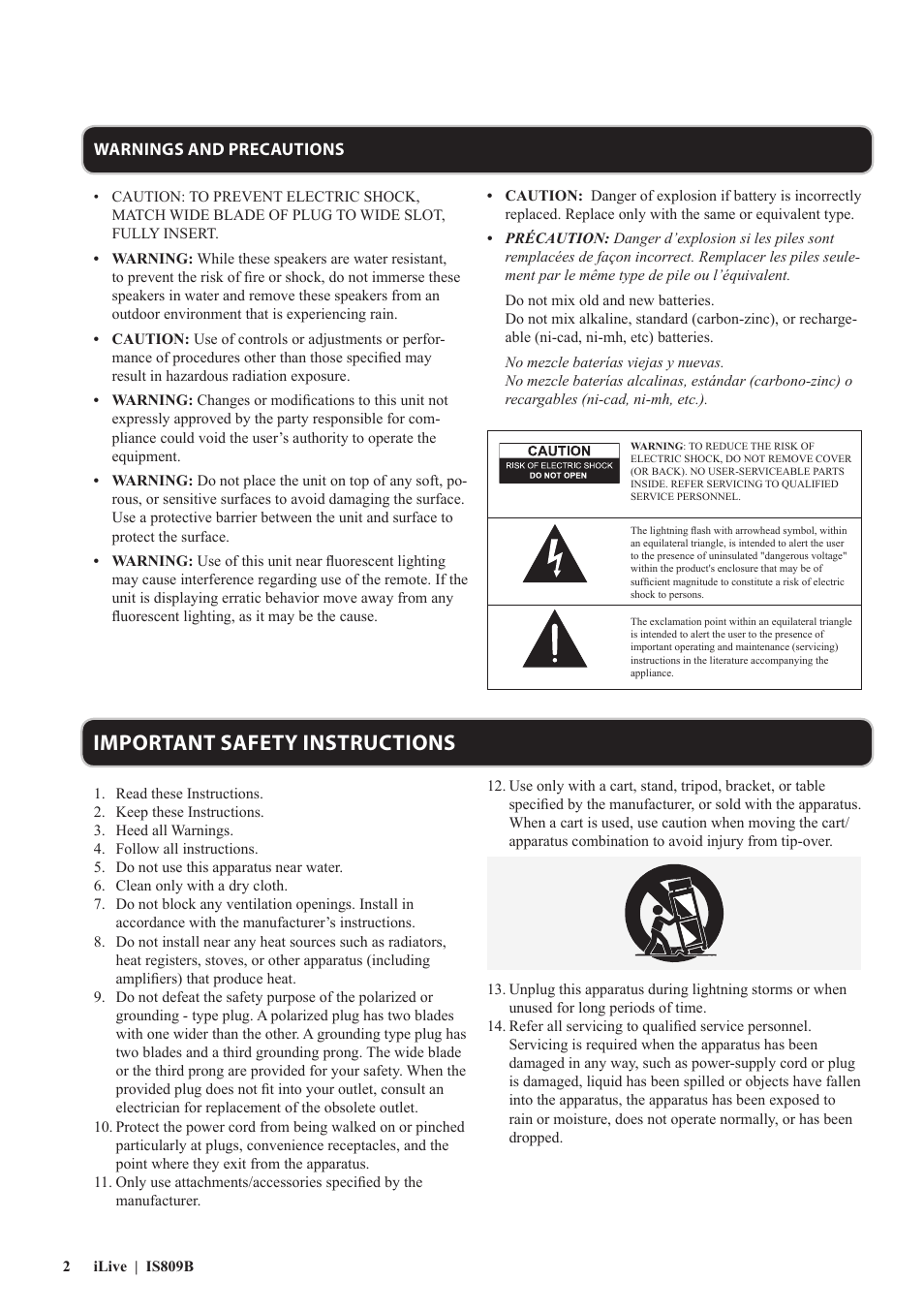 Important safety instructions, Warnings and precautions | iLive IS809B User Manual | Page 2 / 12