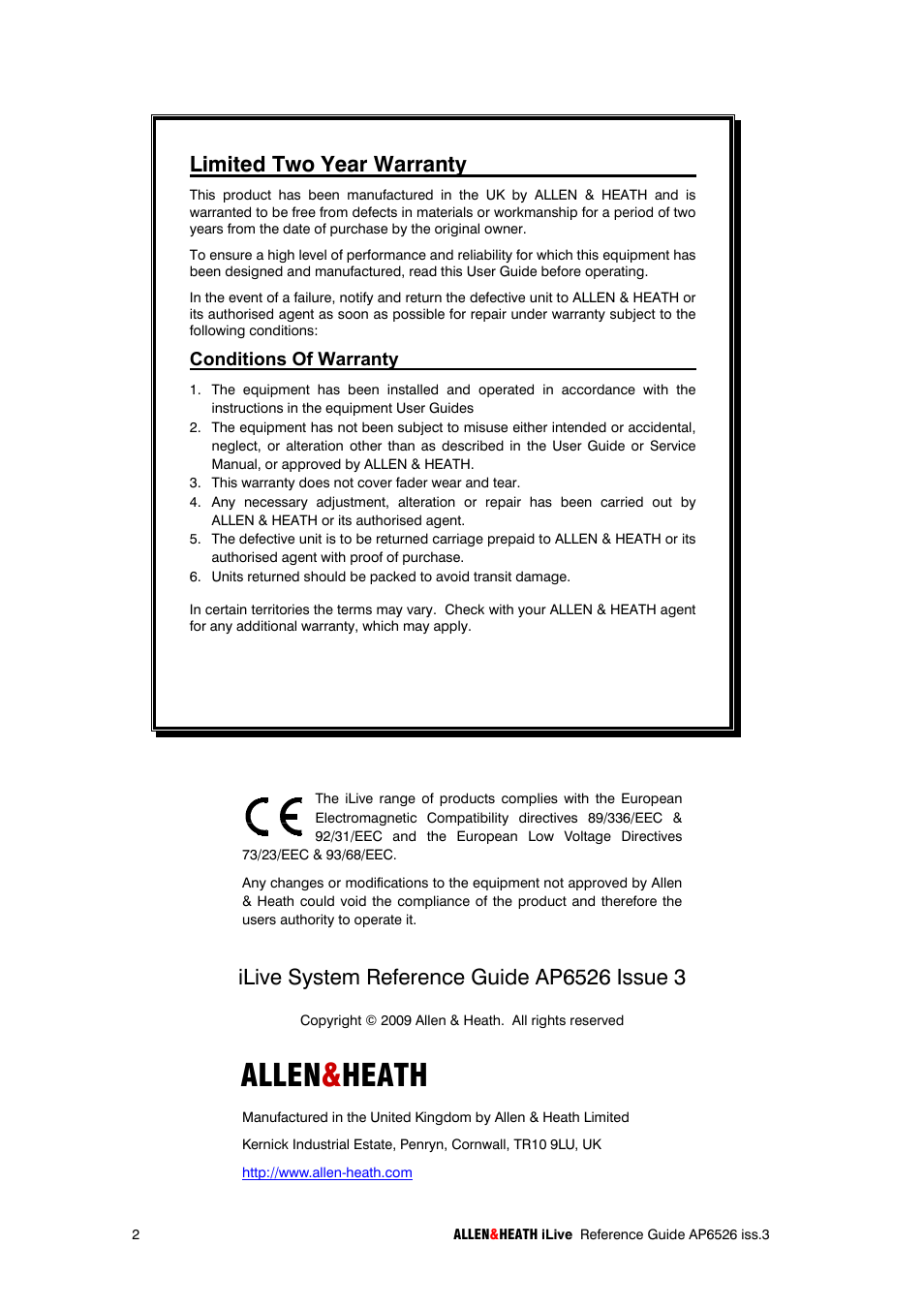 Allen & heath, Limited two year warranty | iLive T SERIES AP6526 User Manual | Page 2 / 111