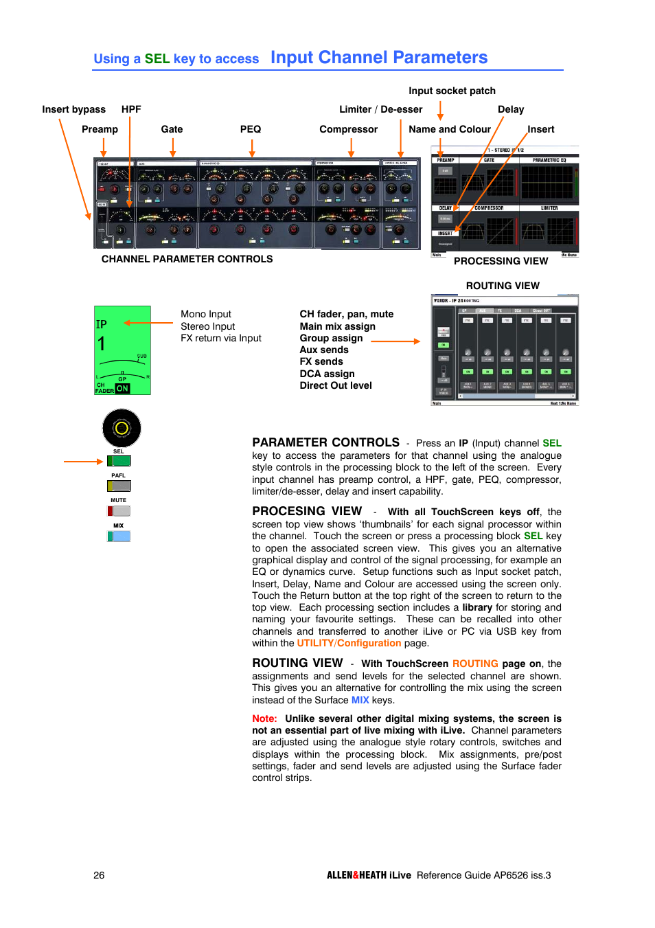 Input channel parameters, Using a sel key to access | iLive T SERIES AP6526 User Manual | Page 26 / 111