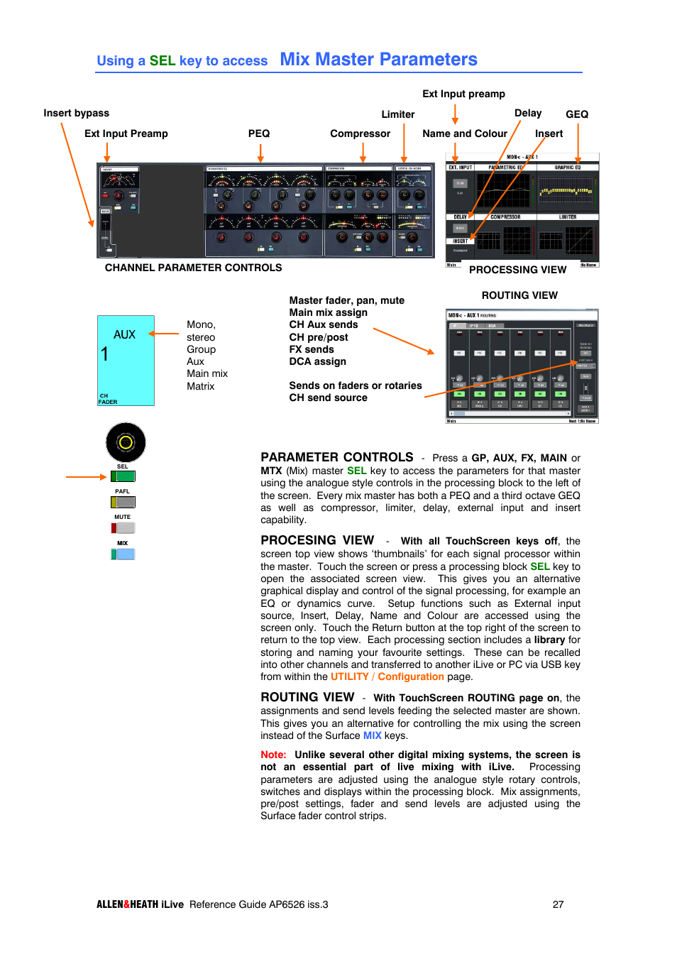 Mix master parameters, Using a sel key to access | iLive T SERIES AP6526 User Manual | Page 27 / 111