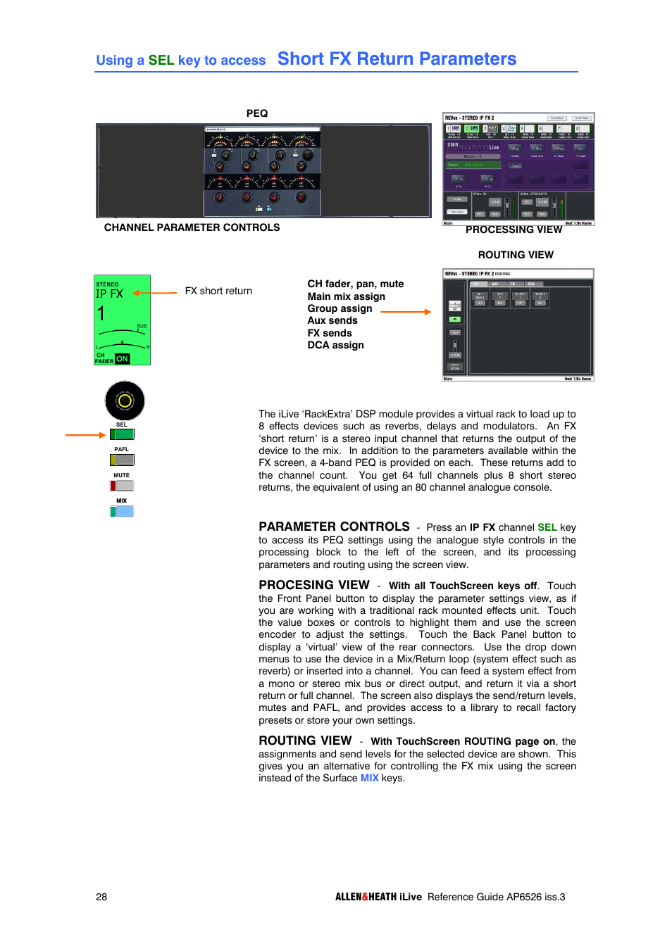 Short fx return parameters, Using a sel key to access | iLive T SERIES AP6526 User Manual | Page 28 / 111