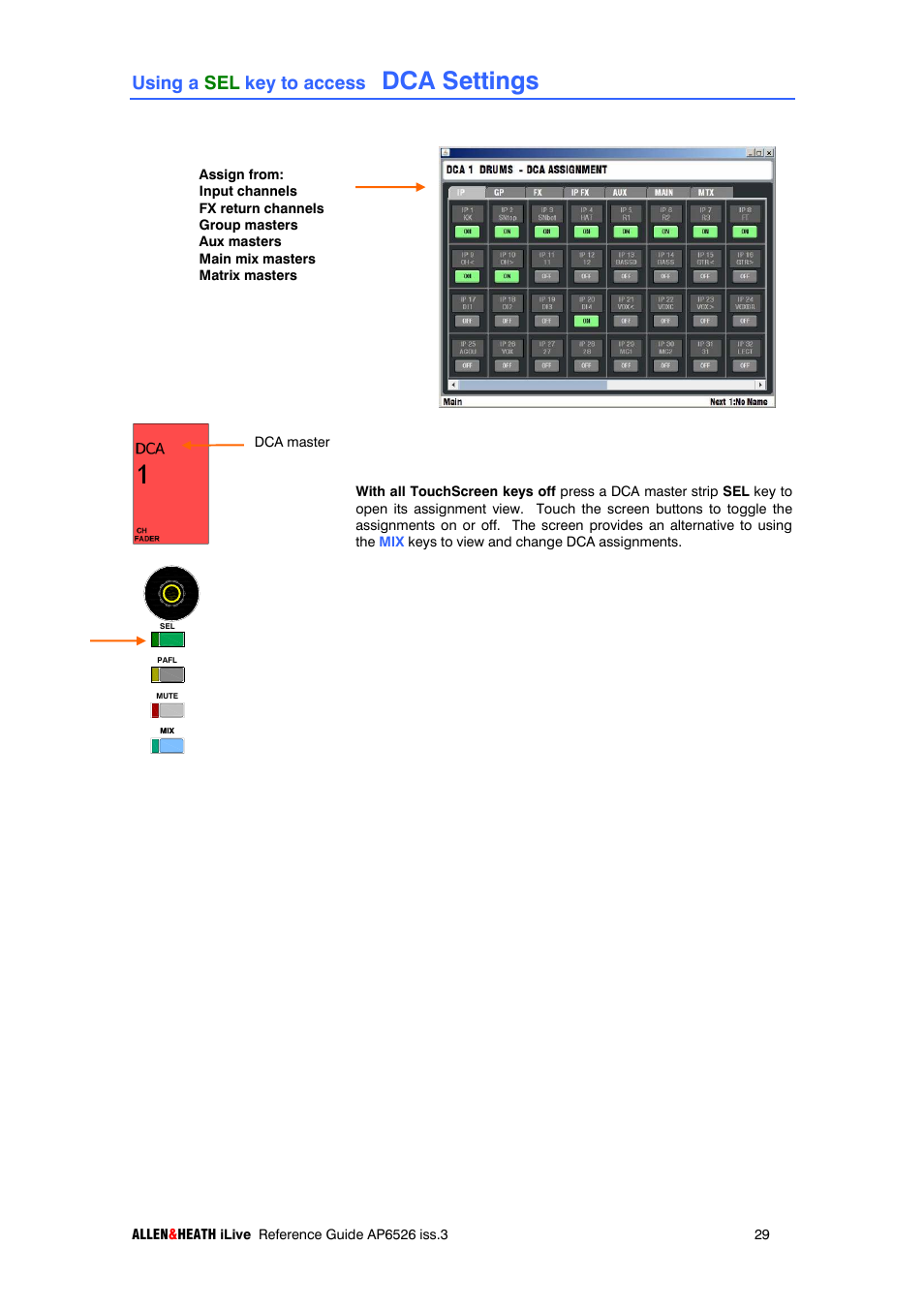 Dca settings, Using a sel key to access | iLive T SERIES AP6526 User Manual | Page 29 / 111