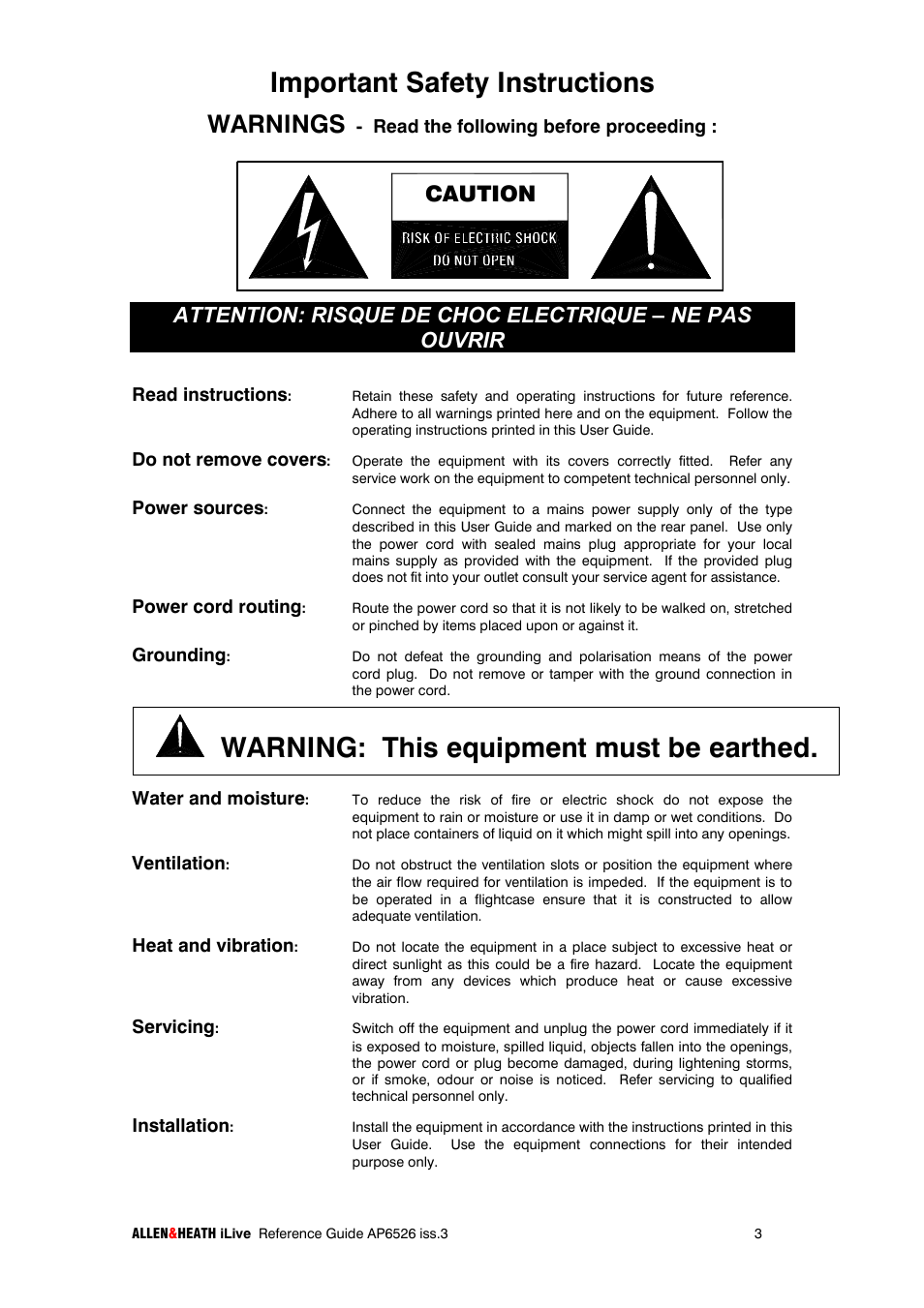 Important safety instructions, Warning: this equipment must be earthed, Warnings | Caution | iLive T SERIES AP6526 User Manual | Page 3 / 111