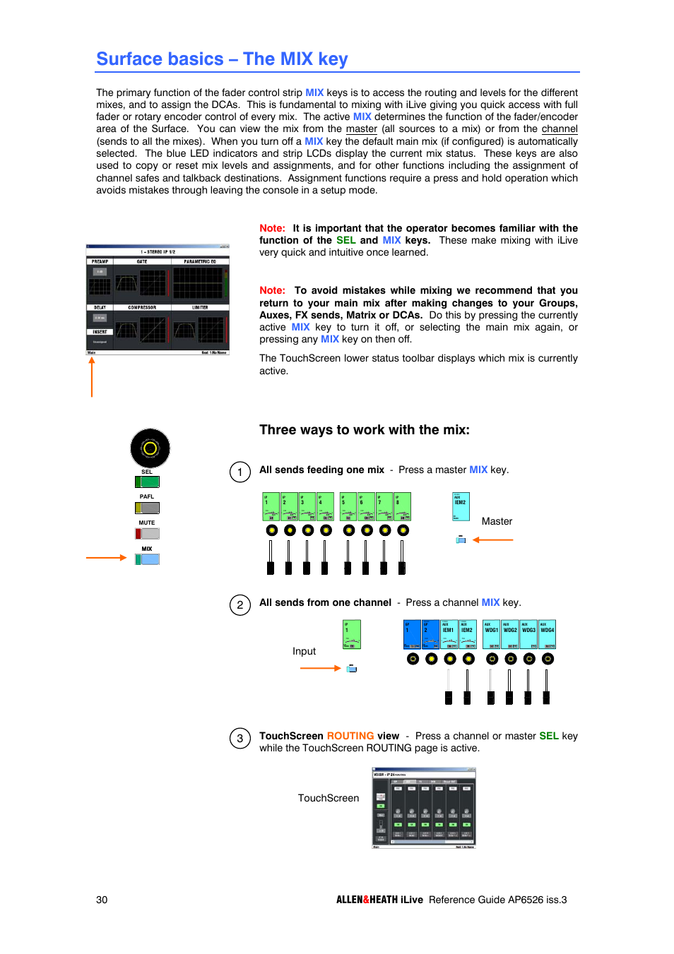 Surface basics – the mix key, Three ways to work with the mix, Master touchscreen input | iLive T SERIES AP6526 User Manual | Page 30 / 111