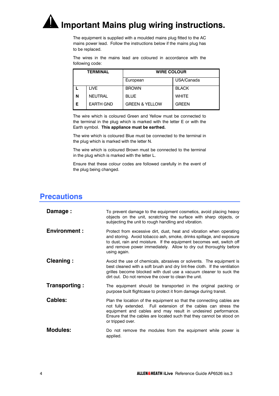 Important mains plug wiring instructions, Precautions, Damage | Environment, Cleaning, Transporting, Cables, Modules | iLive T SERIES AP6526 User Manual | Page 4 / 111