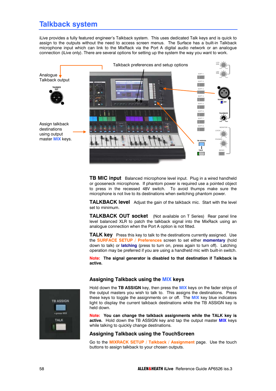 Talkback system, Tb mic input, Talkback level | Talkback out socket, Talk key, Assigning talkback using the mix keys, Assigning talkback using the touchscreen | iLive T SERIES AP6526 User Manual | Page 58 / 111