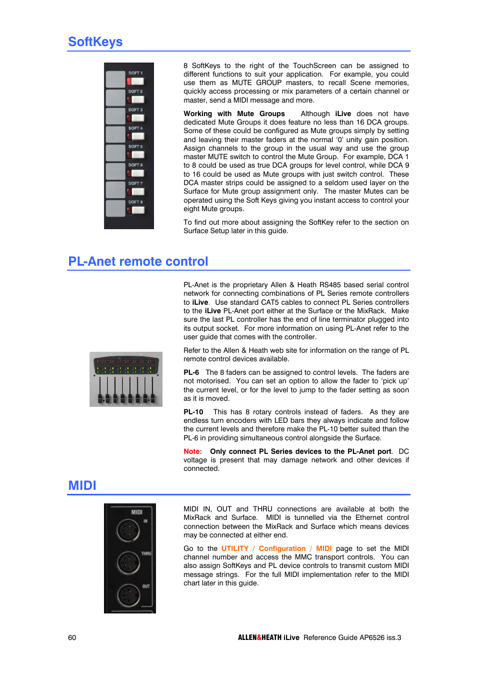 Softkeys, Pl-anet remote control, Midi | iLive T SERIES AP6526 User Manual | Page 60 / 111